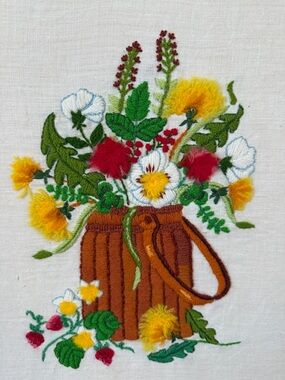 Vintage Embroidered Crewel Floral Bouquet Artwork  - 12”x16”